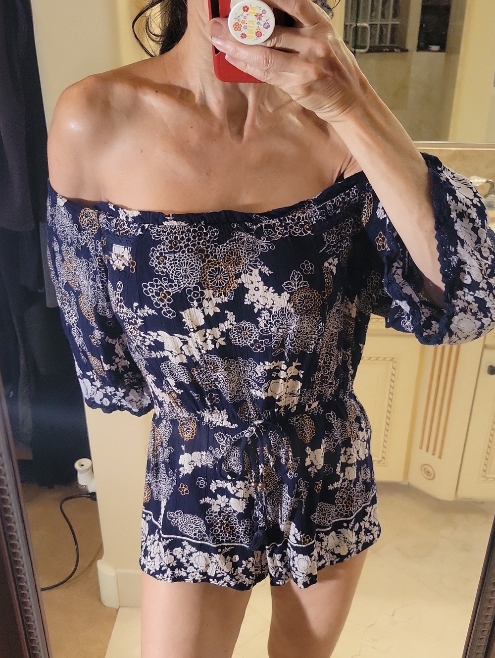 Angie Navy Romper with White and Gold Floral Print, S - Picture 7 of 16